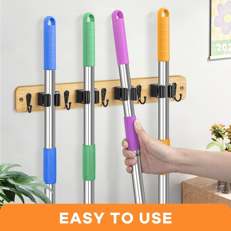 IMILLET Mop and Broom Holder Wall Mount, Bamboo Broom Hanger with 4 Racks and 5 Hooks, Laundry Room Decor, Self Adhesive Over the Door Broom Organizer, Wall Organizer for Home Garage Closet (1 Pack) - Image 2